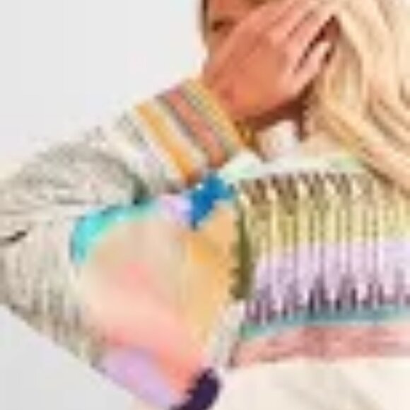 A. Peach Size Small Yellow Tan Corduroy and Multi Colored Sweater Shacket - Picture 14 of 14